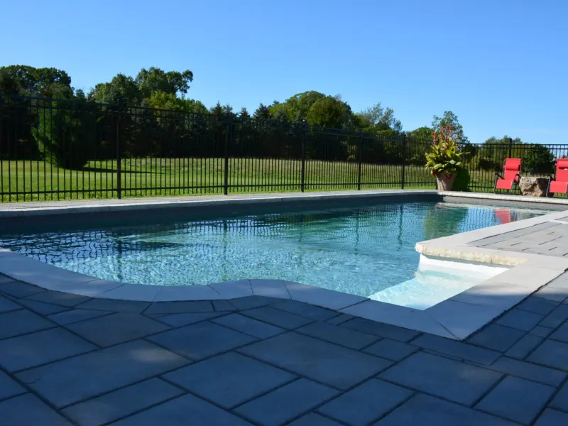 Pool with sun shelf and paver patio